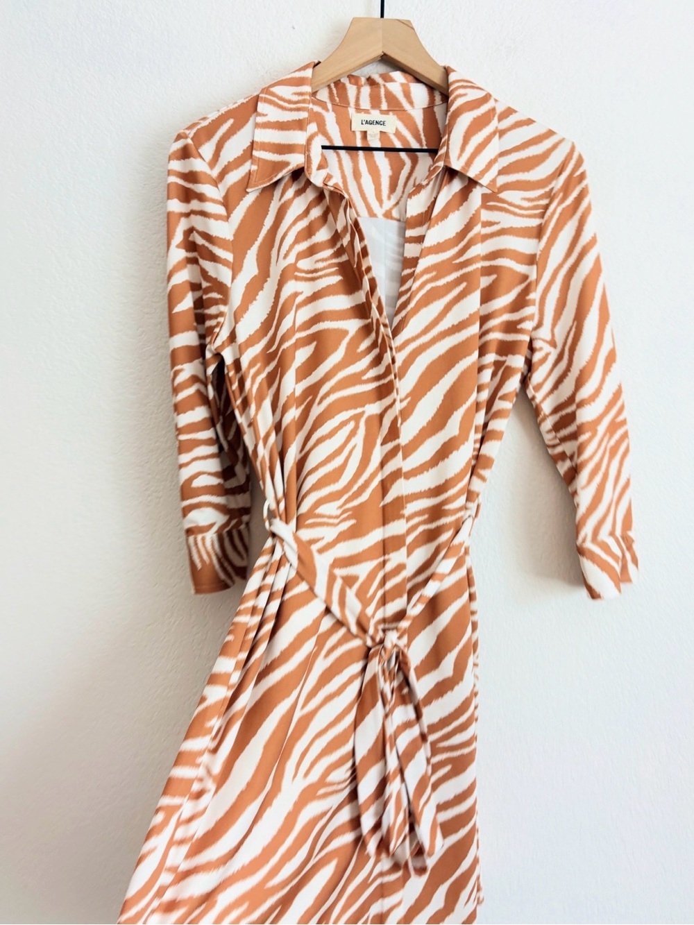 L'AGENCE Tan & White Zebra Print Midi Shirt Dress